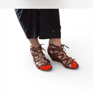 Brown lace-up wedge sandals